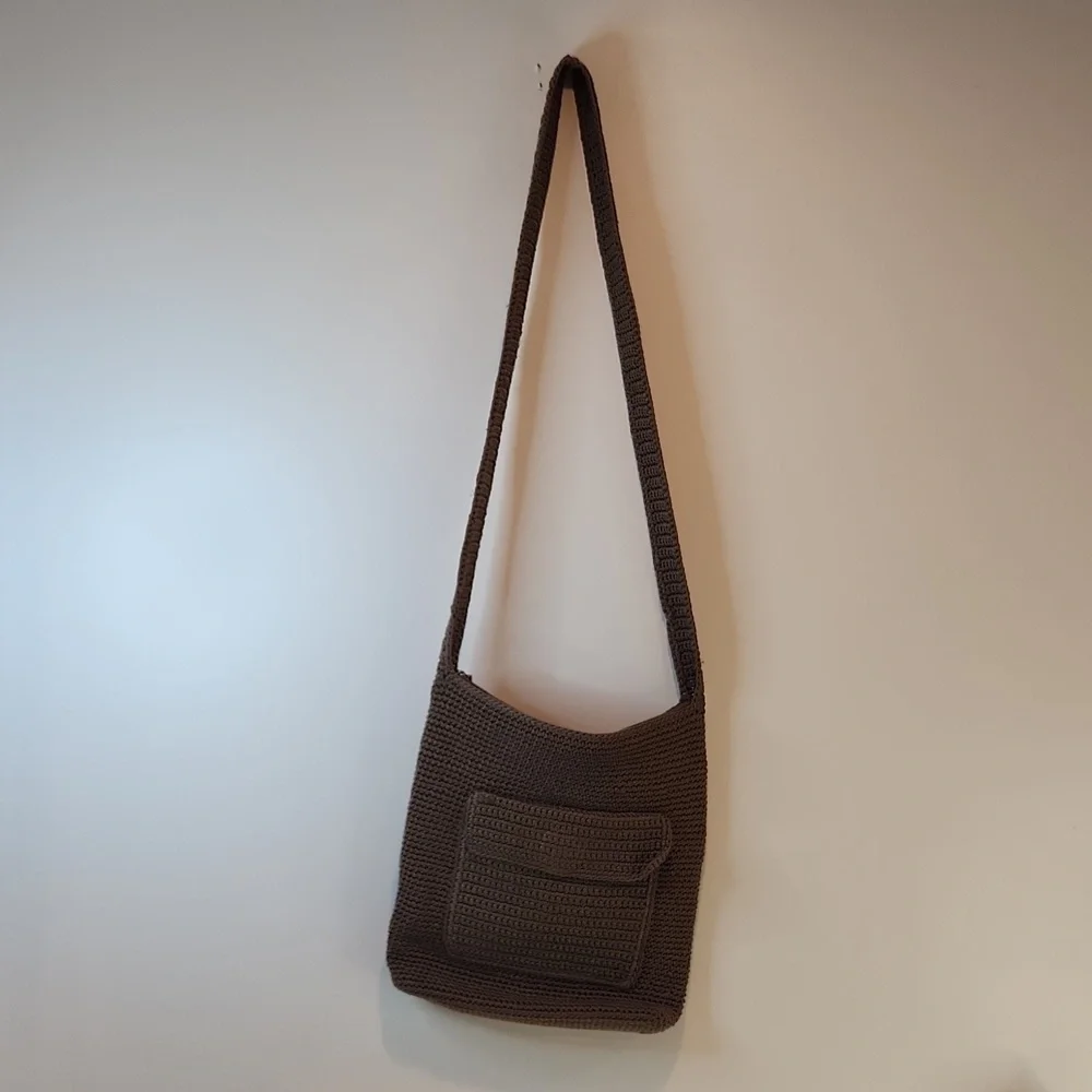 The Sak Knit Crochet Handbag Purse Shoulder Bag Brown EUC NICE!!